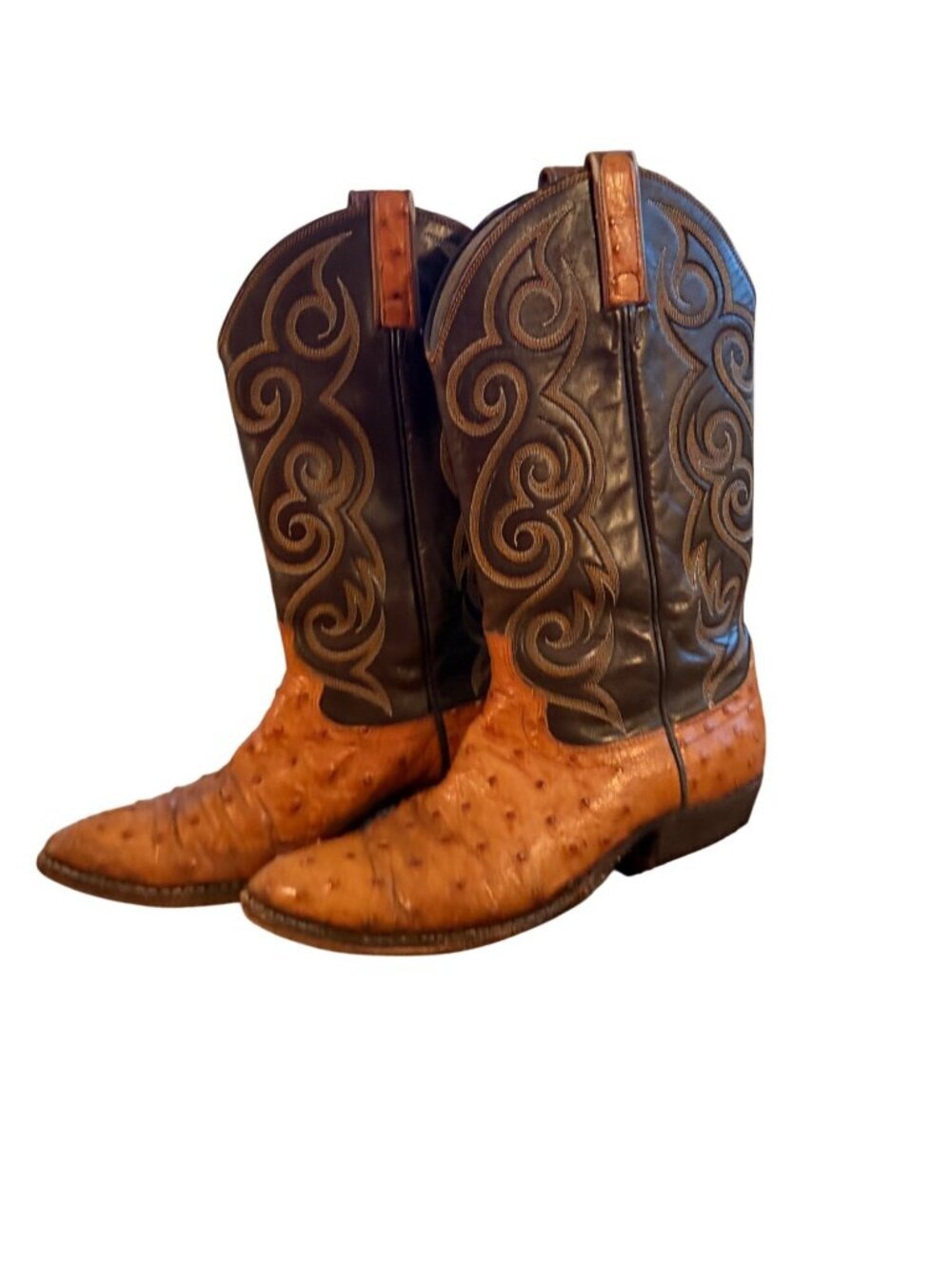 Dan Post Mens Two Tone Western Boots Size 9 D Brown Full Quill Ostrich Vintage